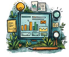 SEO Basics hand drawn image of graphs on a monitor