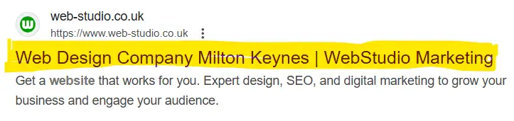 Page Titles in SEO En example of webstudio page title in the search listings