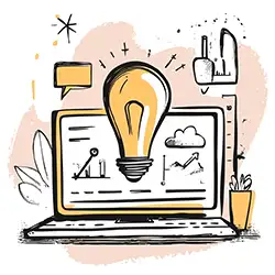 Online Website Marketing Strategy hand drawn image of a laptop with a lightbulb in front