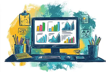 Improve Web Traffic hand drwan icon of graphs on a monitor showing improvement in web traffic
